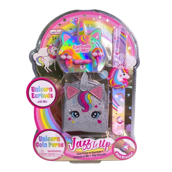 Unicorn Earbuds w/Coin Purse, Keychain, Mic, & Slap Bracelet Set New NIP Sparkle - Picture 2 of 9